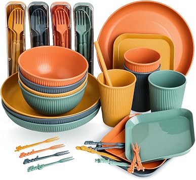 Sour Lemon 52-Piece Unbreakable Dinnerware Set - Lightweight Colorful Plastic Camping Plates, Bowls, Cups, Cutlery Set, Straw, Forks