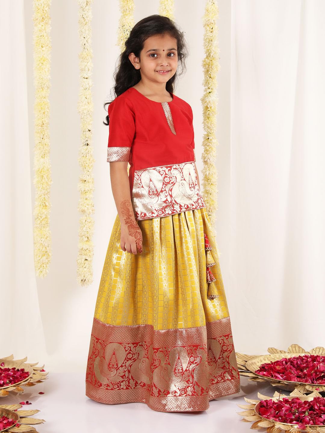 Jbn Creation Silk Blend Girls South Indian Style Pavda Pattu Lehenga (Jbnglc050Md_22_Red And Mustard_3 4 Years)