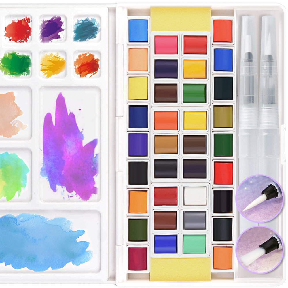 36 Assorted Watercolor Paints Set Travel Pocket Solid Water Color Paint Kit with Water Brushes Sponges Mixing Palette Professional Art Supplies for Beginner Artists Journal Sketching Painting