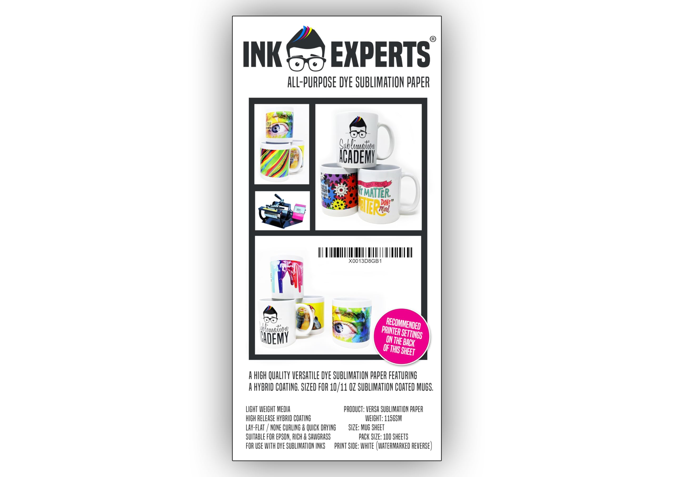 Ink Experts Versa All Purpose Mug Size Sublimation Paper 115gsm (100 x 240mm) (100)