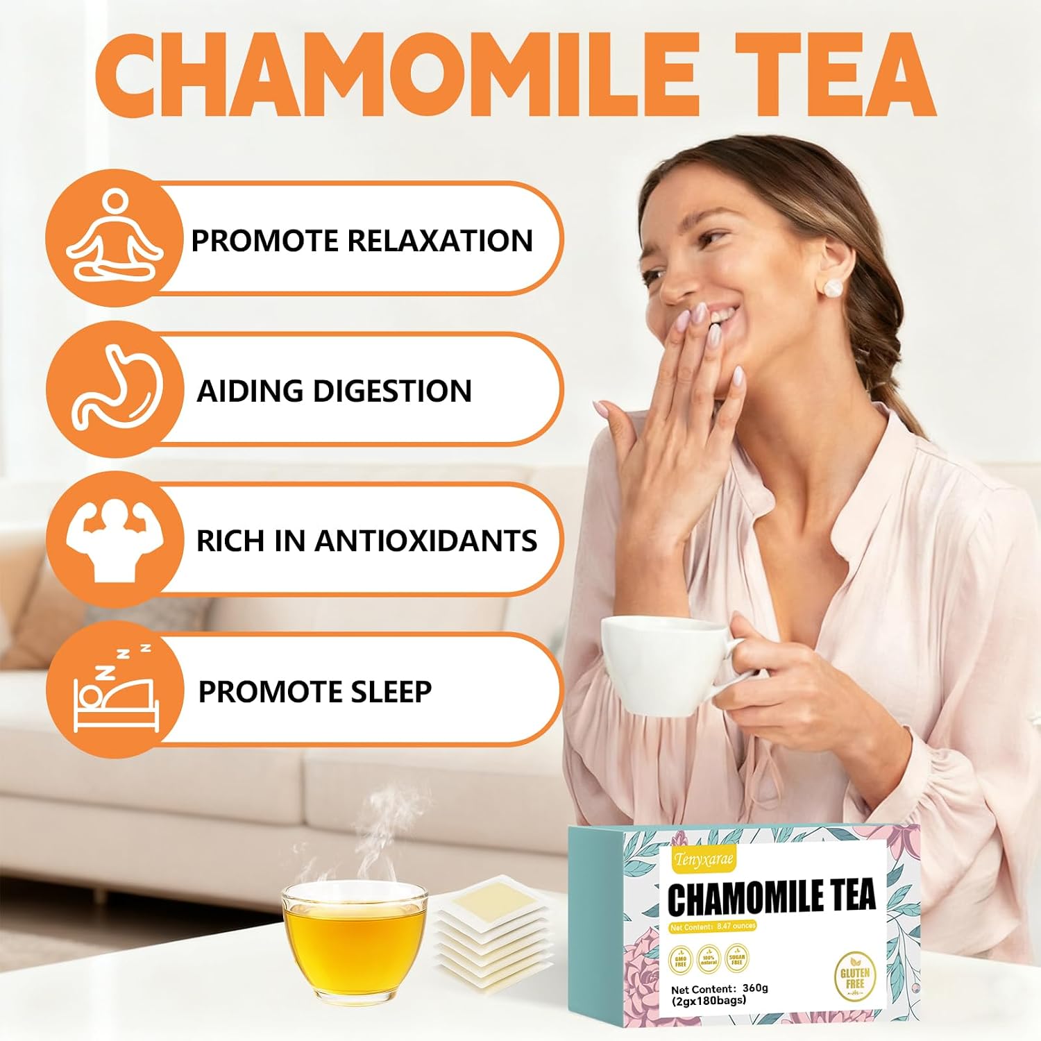 Chamomile Tea Bags–180 Tea Bags (2g/Bag), Made from 100% Natural Chamomile Flowers | Helps with Digestion and Improve Sleep | Caffeine-Free | Sugar-Free | Gluten-Free | Vegan | Eco-Friendly Tea Bags