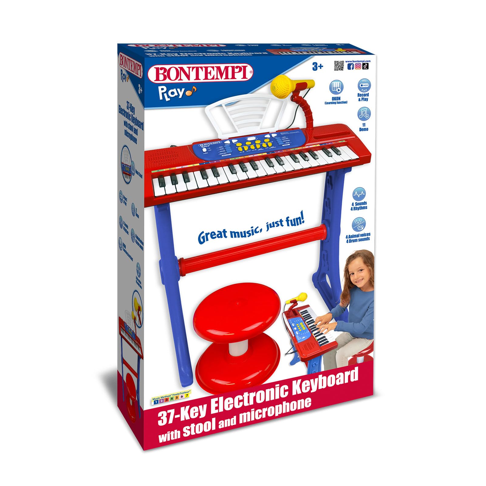 Bontempi | MiniKeyFun - Tastiera Giocattolo a 37 Tasti per Piccoli Musicisti con Microfono, Sgabello e Leggio, Blu e Rosso, 54,4x32,9x15,9 cm