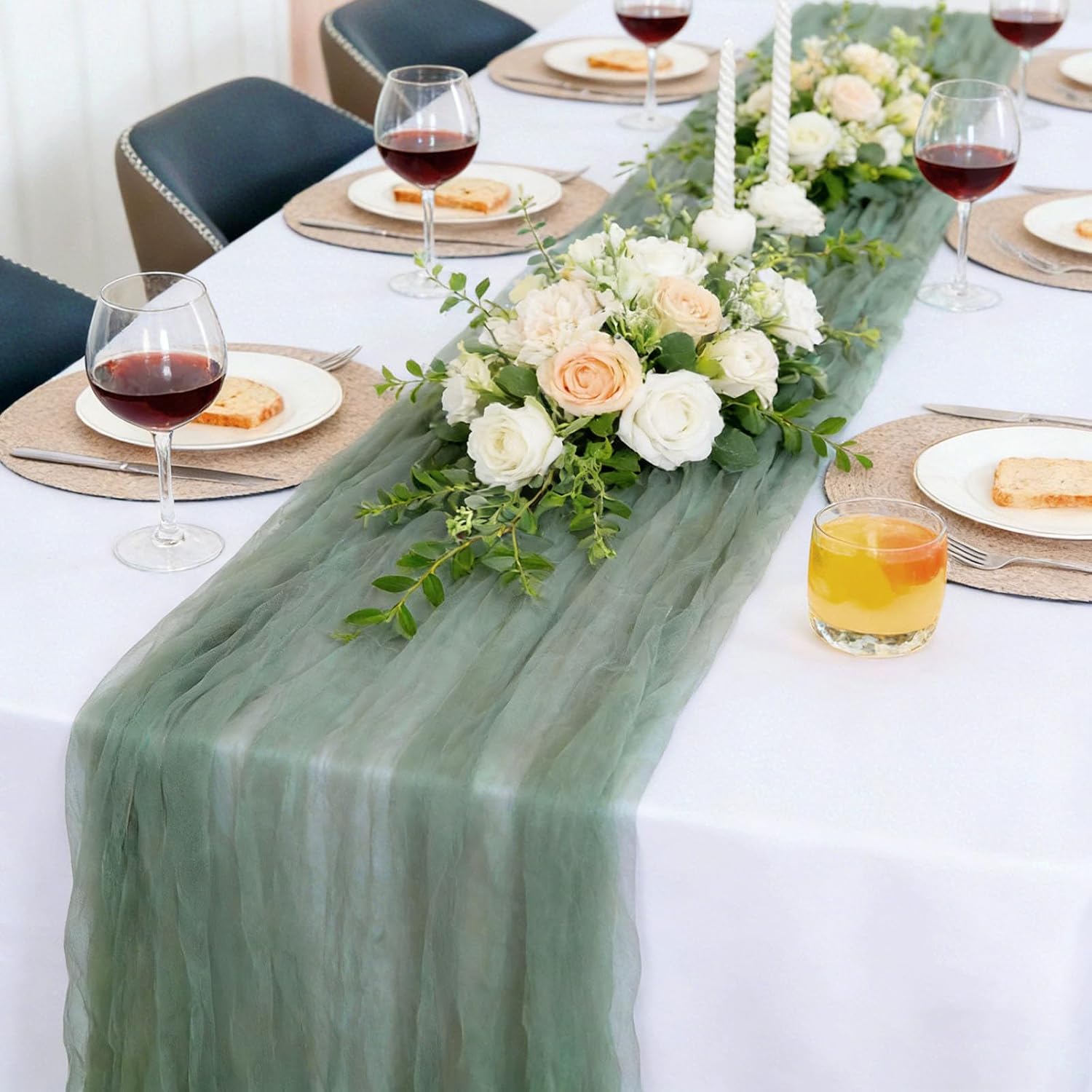 35 X 120 Inch Sage Green Cheesecloth Table Runner, Boho Tulle Fabric Cheese Cloth Table Runners, Summer Gauze Sheer Decorations for Wedding Party Bridal Shower Baby Birthday Centerpiece Home Décor