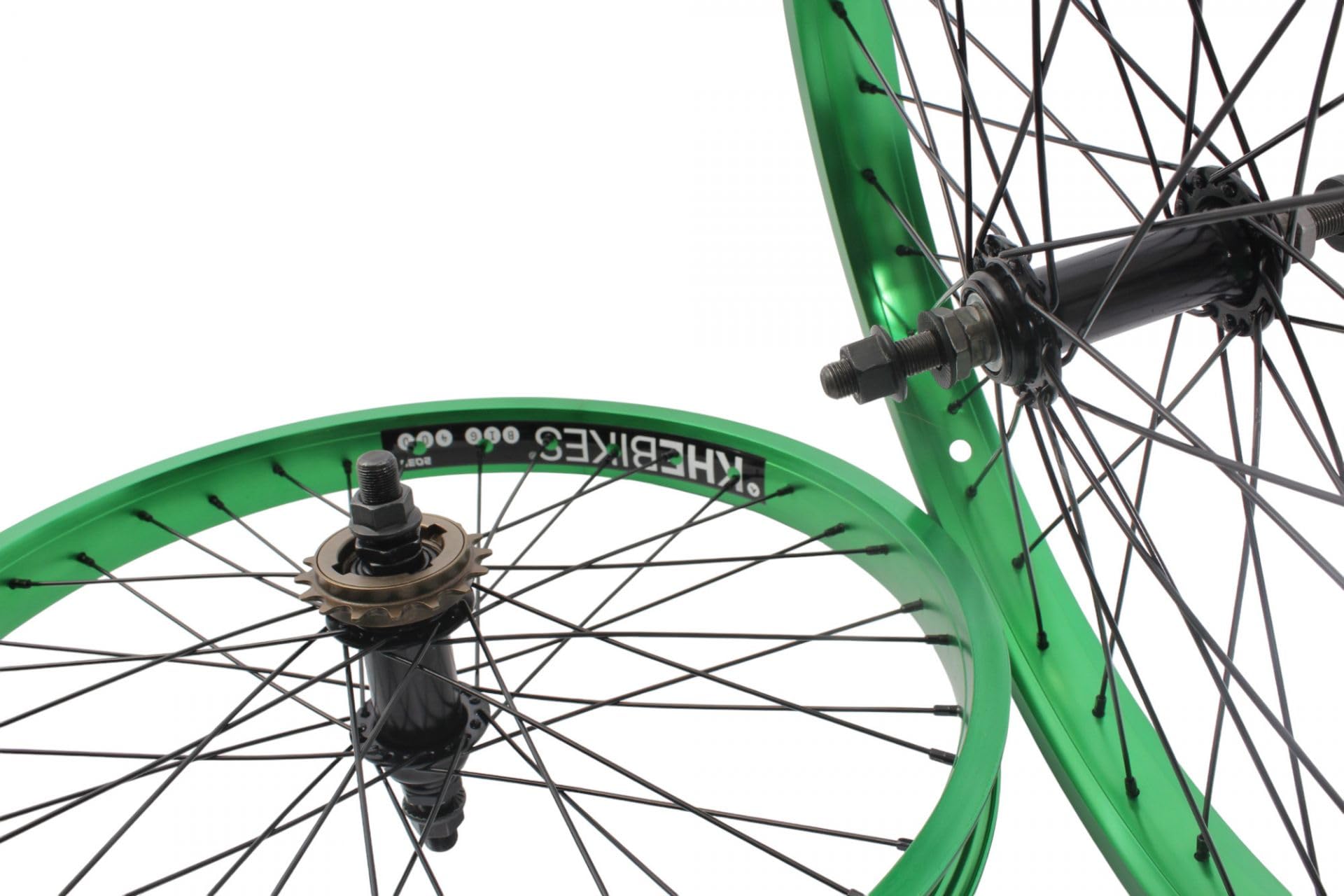 KHE Prism BMX zestaw kółek biegowych, 20 cali, zielone anodowane, szerokość obręczy 38 mm, 16 zębów, wolne koło zębate