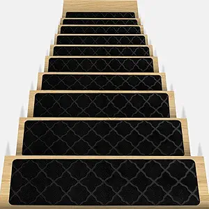 Nctoberows 8" X 30" 15Pcs Stair Treads for Wooden Steps, Non-Slip Carpet Mat, Peel & Stick, Indoor Rug Stair Runners, Reusable Stair Rugs for Kids and Dogs, Black