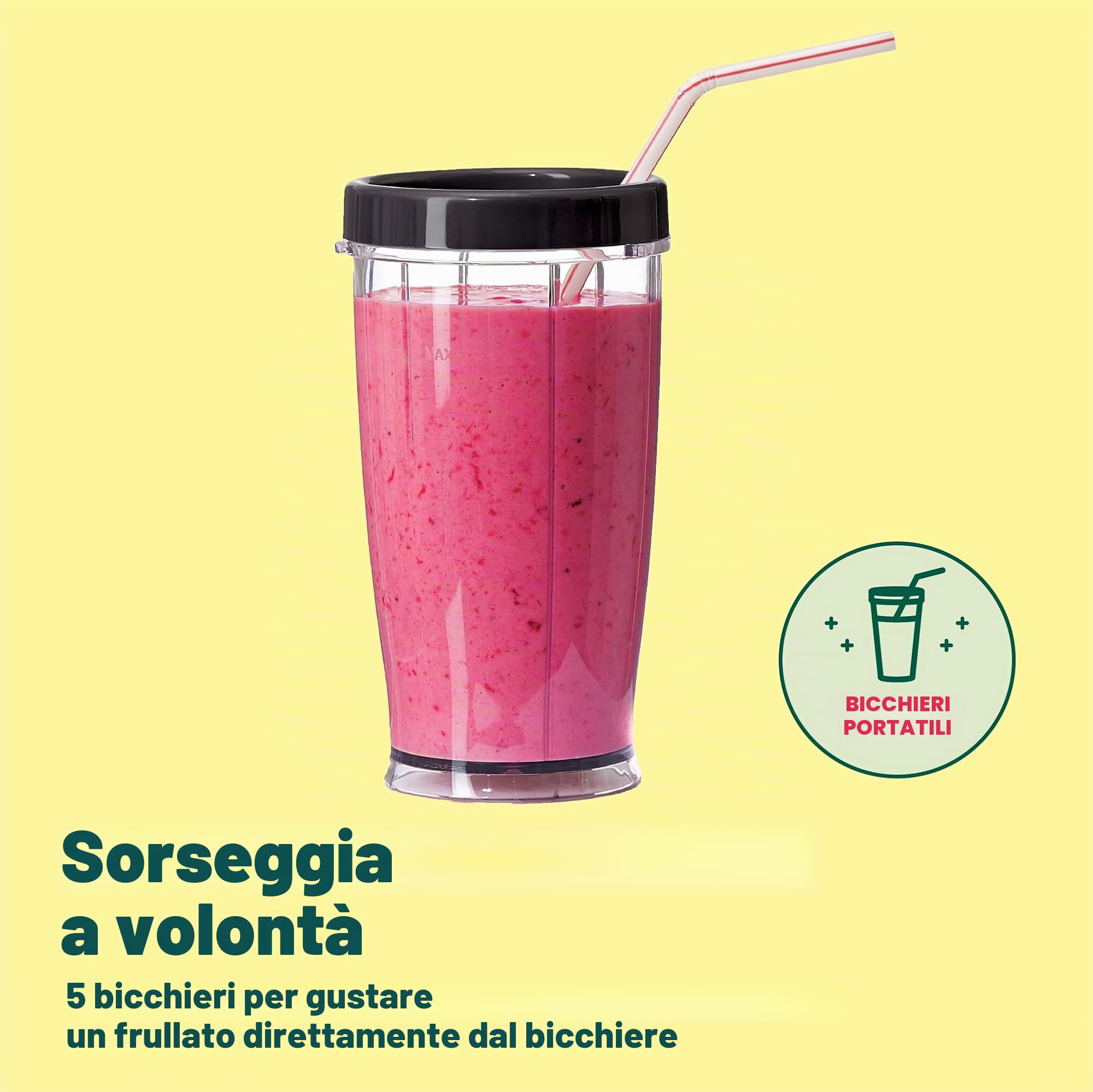 bella Mini Frullatore Elettrico Portatile Rocket in Acciaio Inossidabile, Set da 12 Pezzi, Mixer e Tritatutto per Smoothies, Frullati e Salse, 240 Watt, Nero
