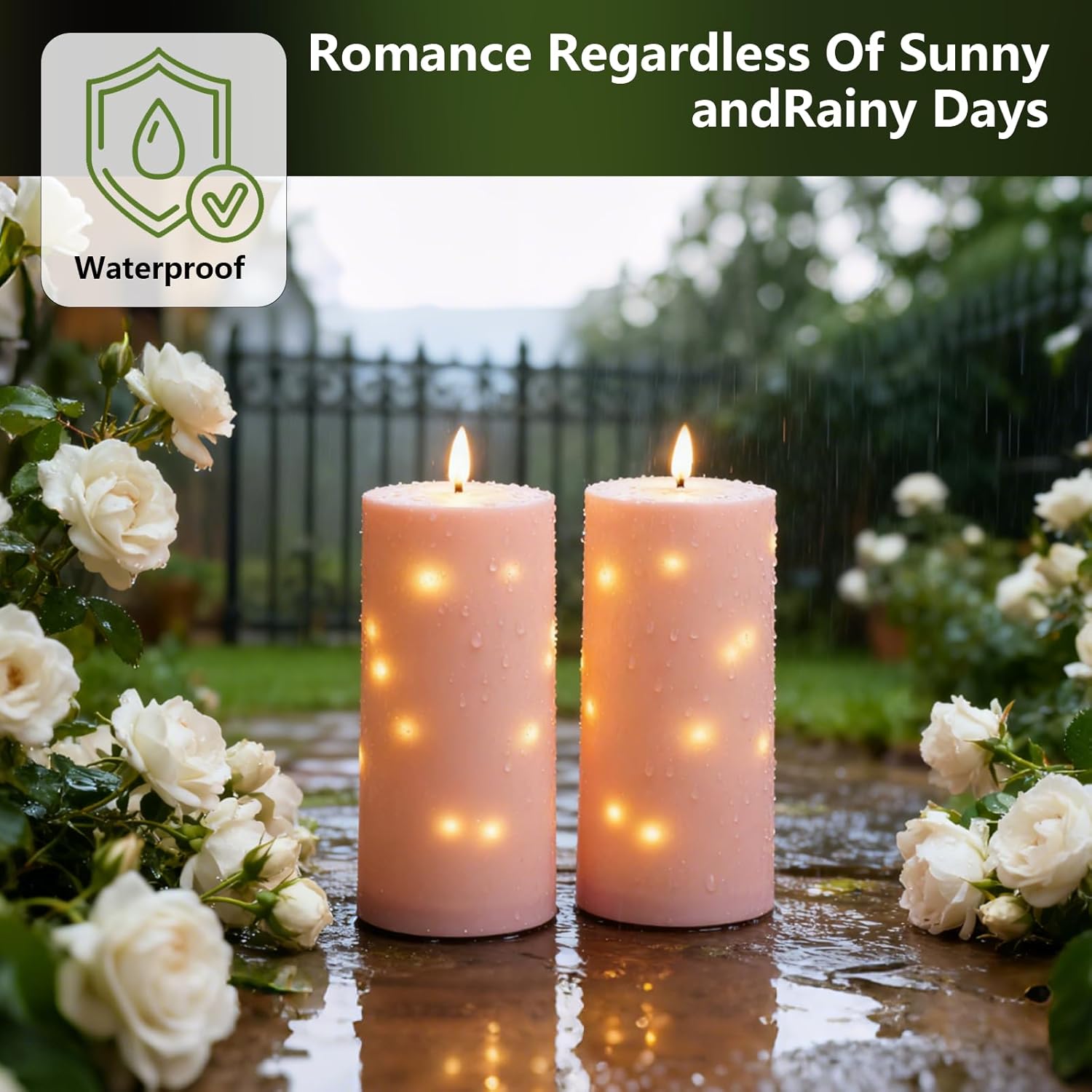 10" x 4" large outdoor waterproof flickering flameless candles with timer,2pcs battery operated led pillar candles with embedded star string for outdoor lanterns,porch,patio decor(pink) 2pcs-d4"xh10" pink