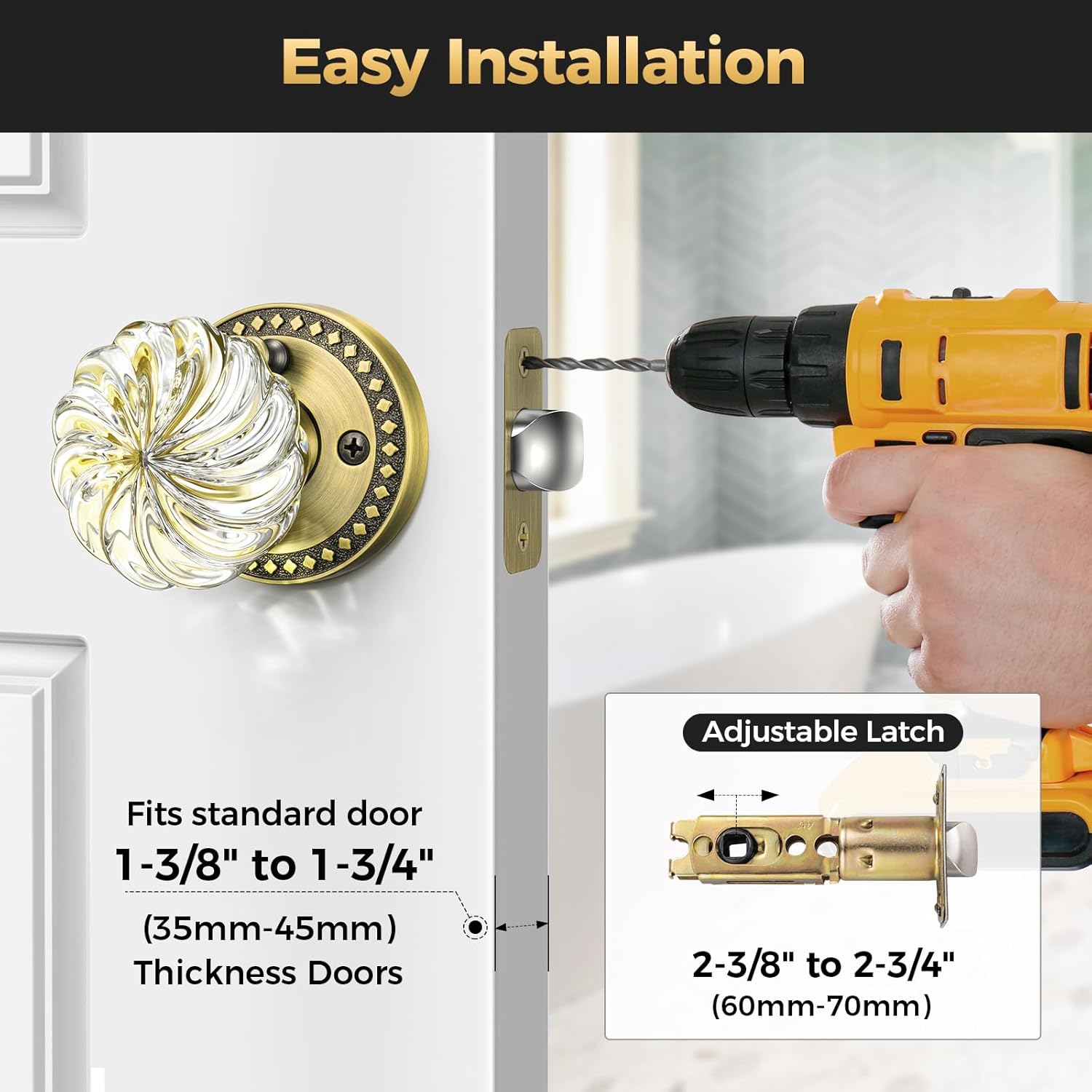 Glass Door Knobs with Lock, Antique Brass Crystal Door Knobs Interior for Privacy Use, Round Vintage Crystal Doorknob for Bathroom & Bedroom, 1 Pack