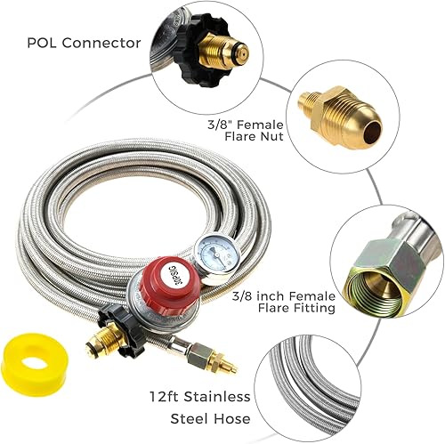 Miniatura 2 de Regulador de propano ajustable de alta presión de 12 pies 0-30PSI con manómetro, manguera trenzada de acero inoxidable con indicador de flujo de gas