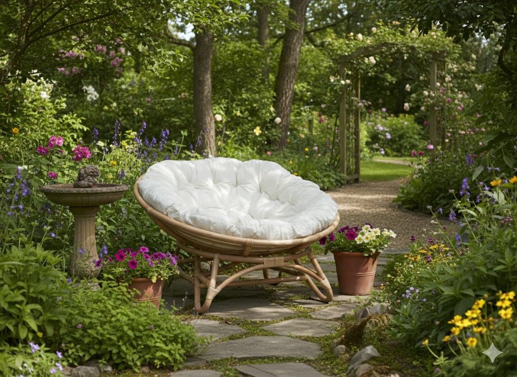 Poltrona in rattan naturale Papasan Ø 115 con cuscino, rotonda per esterno giardino veranda
