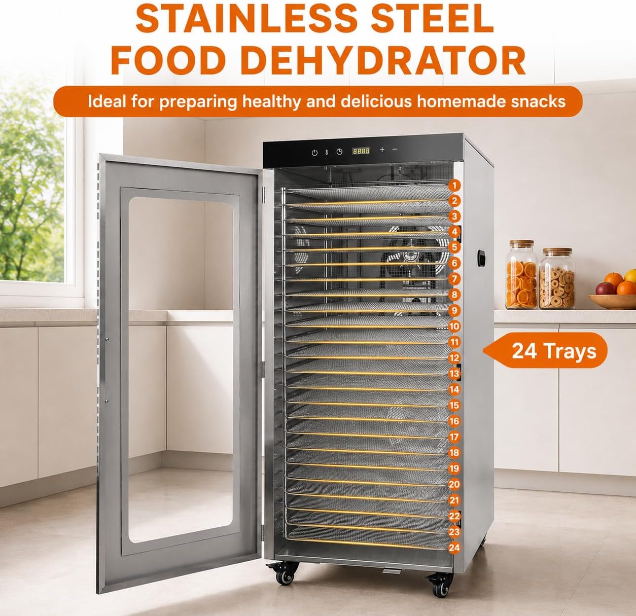 Hakka Commercial Food Dehydrator, 24 Trays Food Dryer Stainless Steel Fruit Dehydrator Machine with Touch Temp Control & 24H Timer for Beef Jerky/Meat/Fruit/Vegetable/Pet Treats, 2000W
