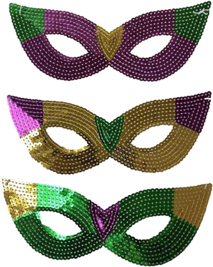 Purple, Green and Gold Sequin Mardi Gras Masks- Bulk Supply for Parties, Balls, and Parades!