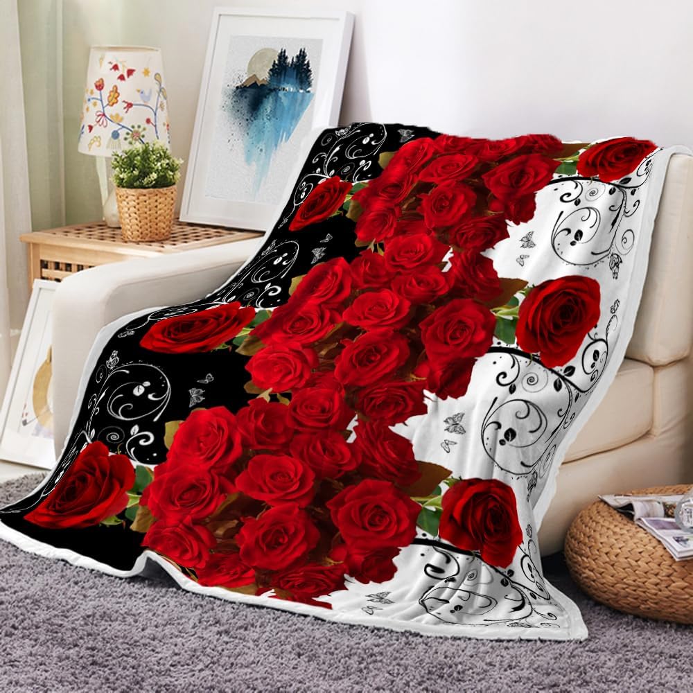Fleece Throw Blanket Valentines Day Flannel Throws for Women Girls Gifts, Romantic Red Rose Floral Soft Warm Large Throw Blanket for Bed/Couch/Sofa (Heart, 50X60)
