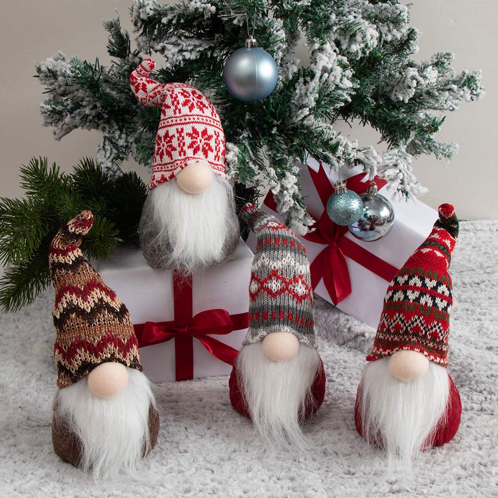 XAMSHOR Handmade Christmas Gnome Tomte Plush Elf Scandinavian Santa with Bendable Nordic Hat for Home Table Decorations Gift (4 Pcs)