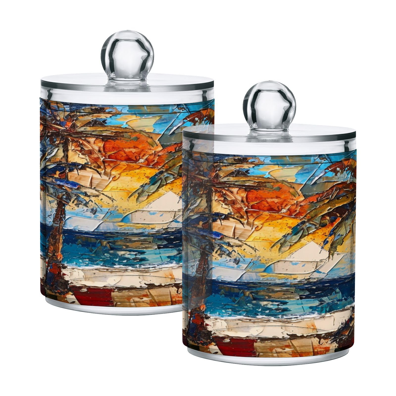 JJoias Palms Tree Skys-2 Qtip Holder Dispenser, Apothecary Jars, Cotton Balls Pads Swabs Holder Jar, Organizers with Lid, 4 pack