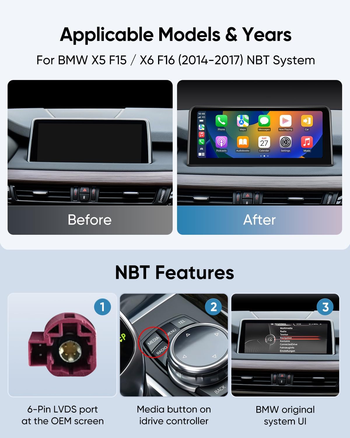 Car Stereo for BMW X5 F15 X6 F16 (2014-2017) NBT E70 E71 (2007-2013) CCC/CIC System, Wireless CarPlay Android Auto Upgrade Factory Radio Bluetooth WiFi Touch Screen (10.25" 2014-2017)