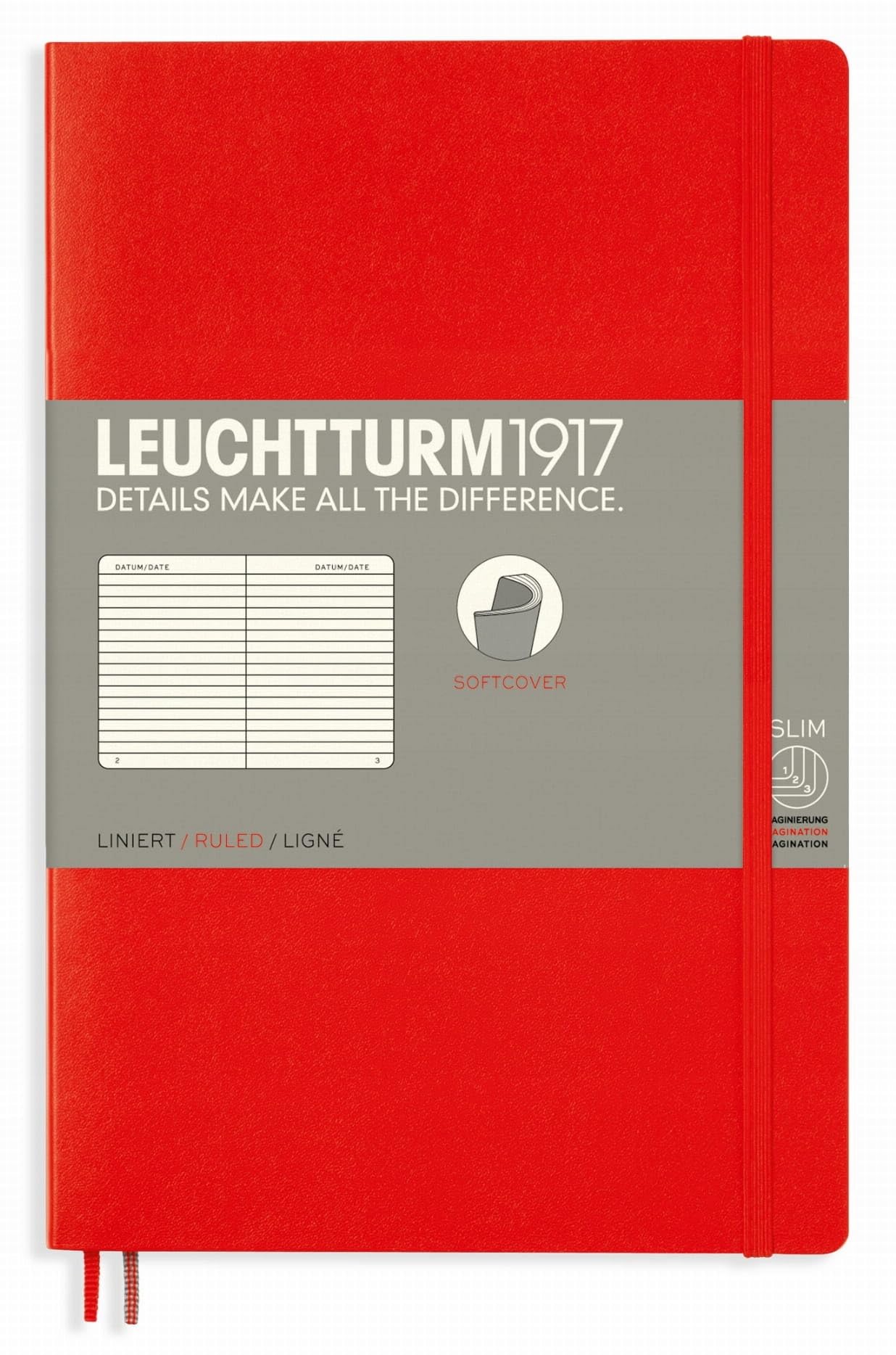 LEUCHTTURM1917 - Notebook Softcover Paperback B6+ - 123 Numbered Pages for Writing and Journaling (Ruled, Red)