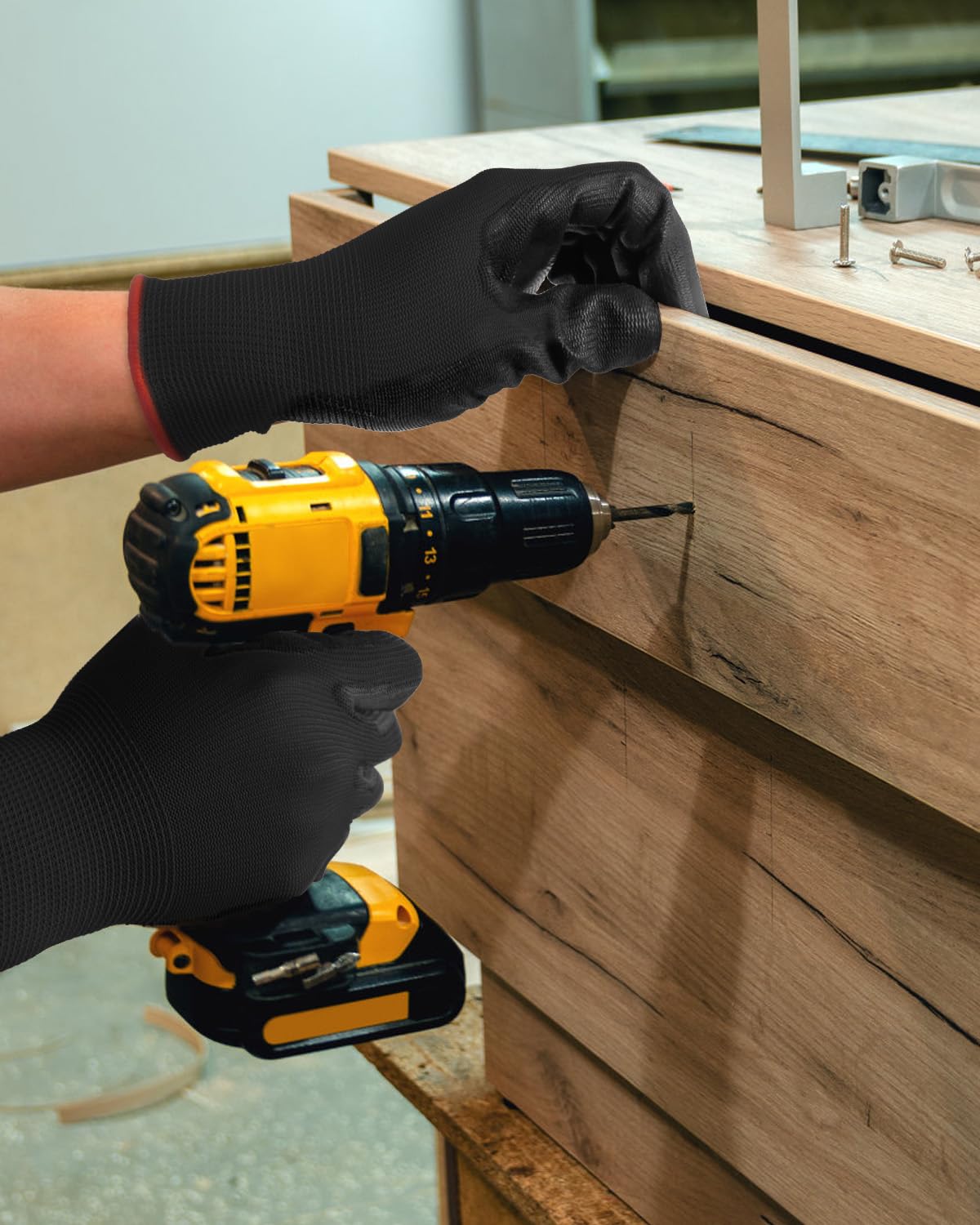 12 pares de guantes de trabajo ultrafinos con revestimiento de poliuretano, transpirables, ligeros para precisión, jardinería, mejoras del hogar (negro, L)