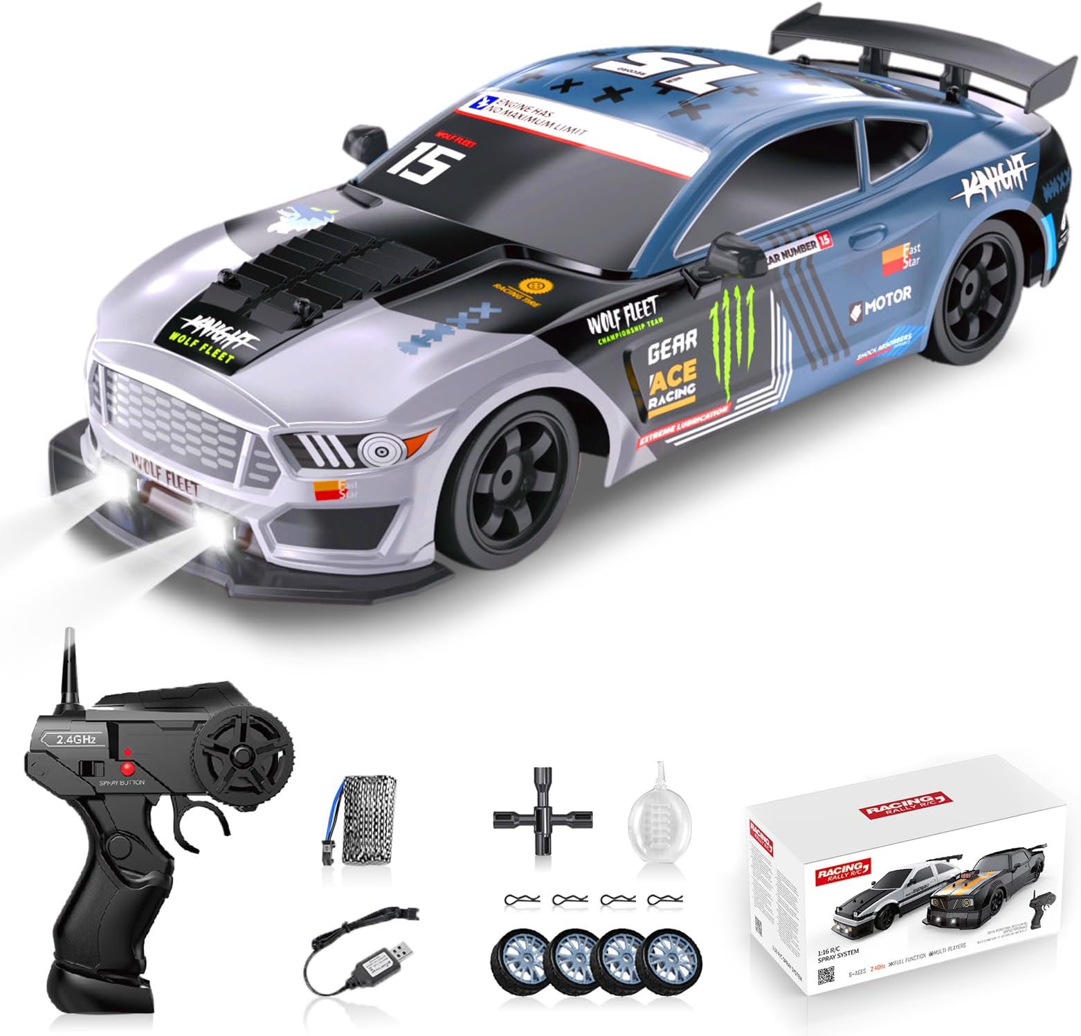 Remote Control Car RC Drift Car For Adults, 1/16 2.4GHz Small RC Drifting Car 4WD Drift RC Car With LED Lights Rechargeable Battery And Drifting Tires Toy Cars For Boys Kids, Multicolor