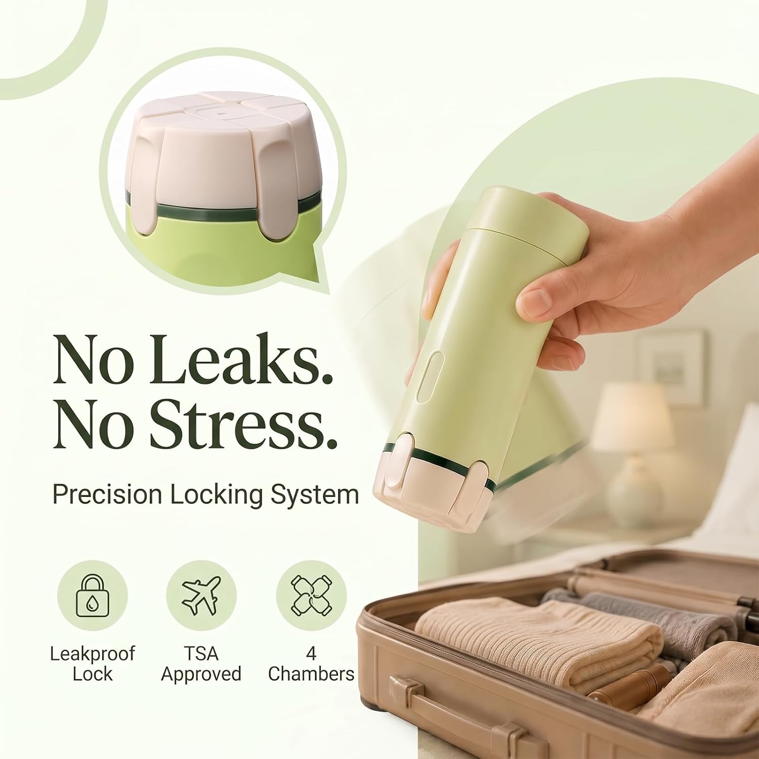 4 in 1 Travel Dispenser Bottle, TSA Approved Leakproof Rotatable Container Green