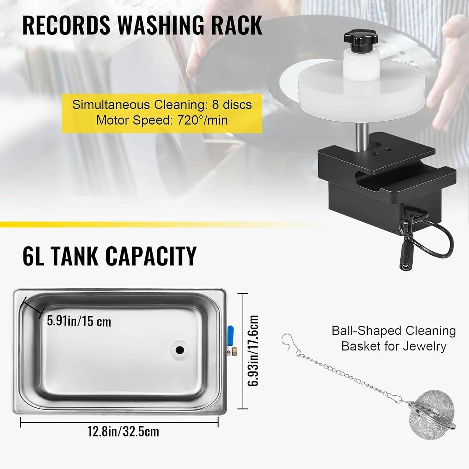 Ultrasonic Cleaner, Ultrasonic Cleaner of 6L Vinyl Discs, Ultrasonic 180W Record Cleaner with Drying Grid for Store at Home, Without Damage to The Surface of The Disc ~/
