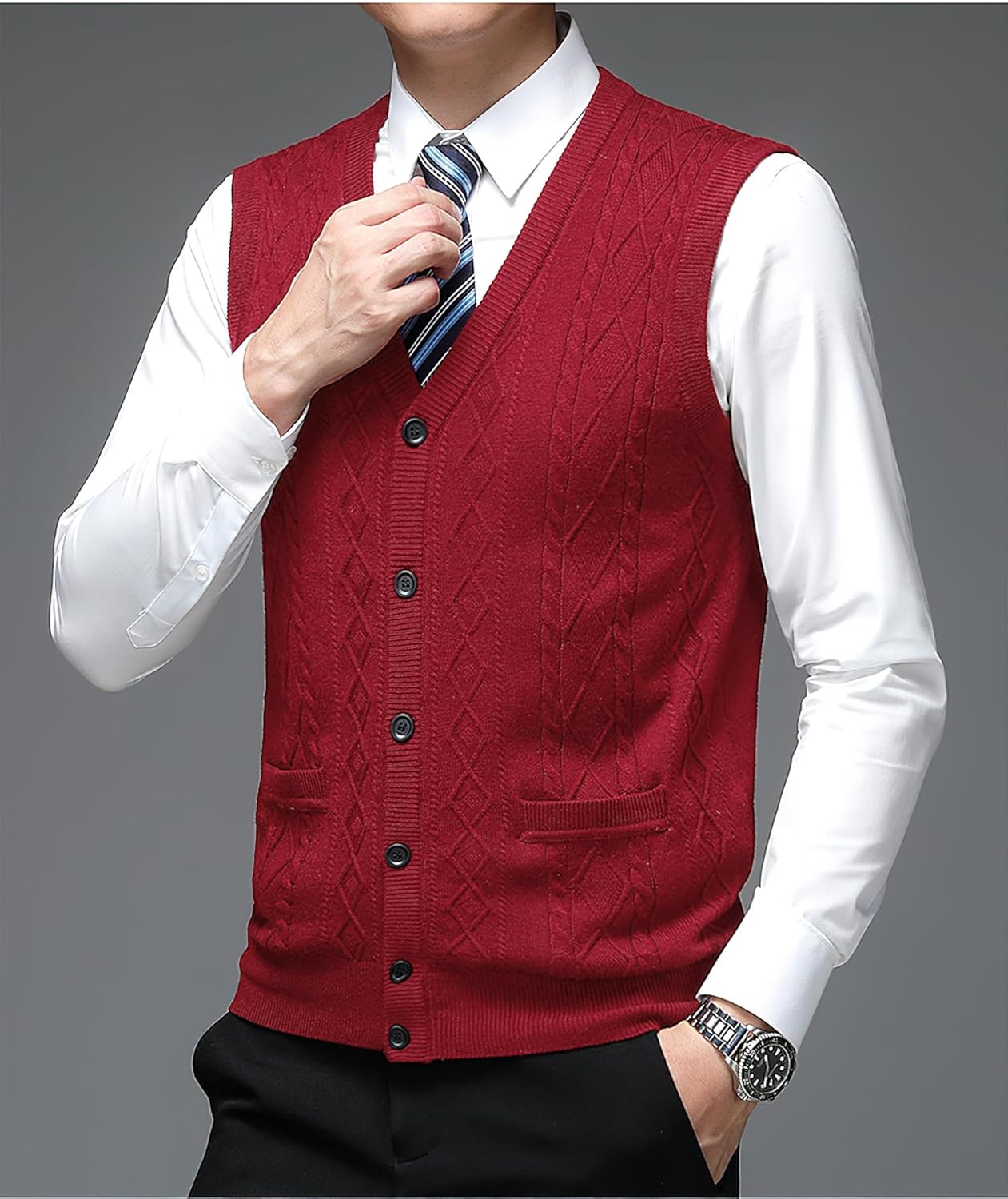 Men's Classic V Neck Wool Blend Sweater Vest Sleeveless Button Front Knit Cardigan Vest with Pocket - Image 3