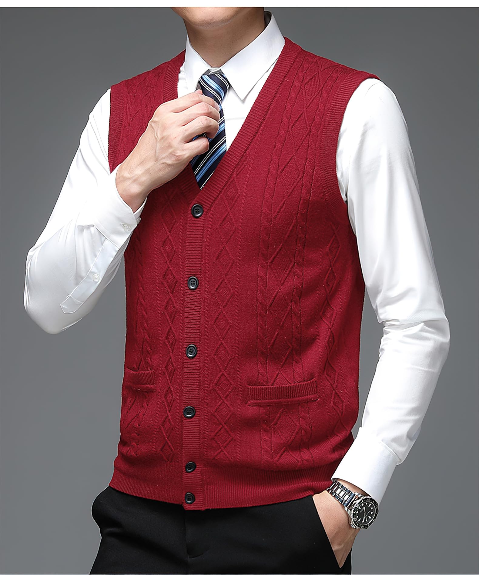 Gilet classique en laine mélangée à col en V pour homme sans manches avec poche et boutons sur le devant