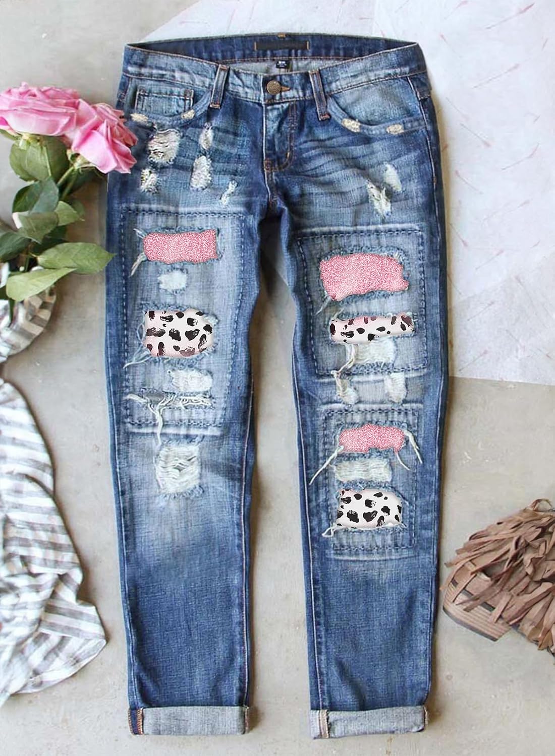 Astylish Womens Plaid Patch Ripped Boyfriend Distressed Stretch Skinny Denim Jeans - Image 2