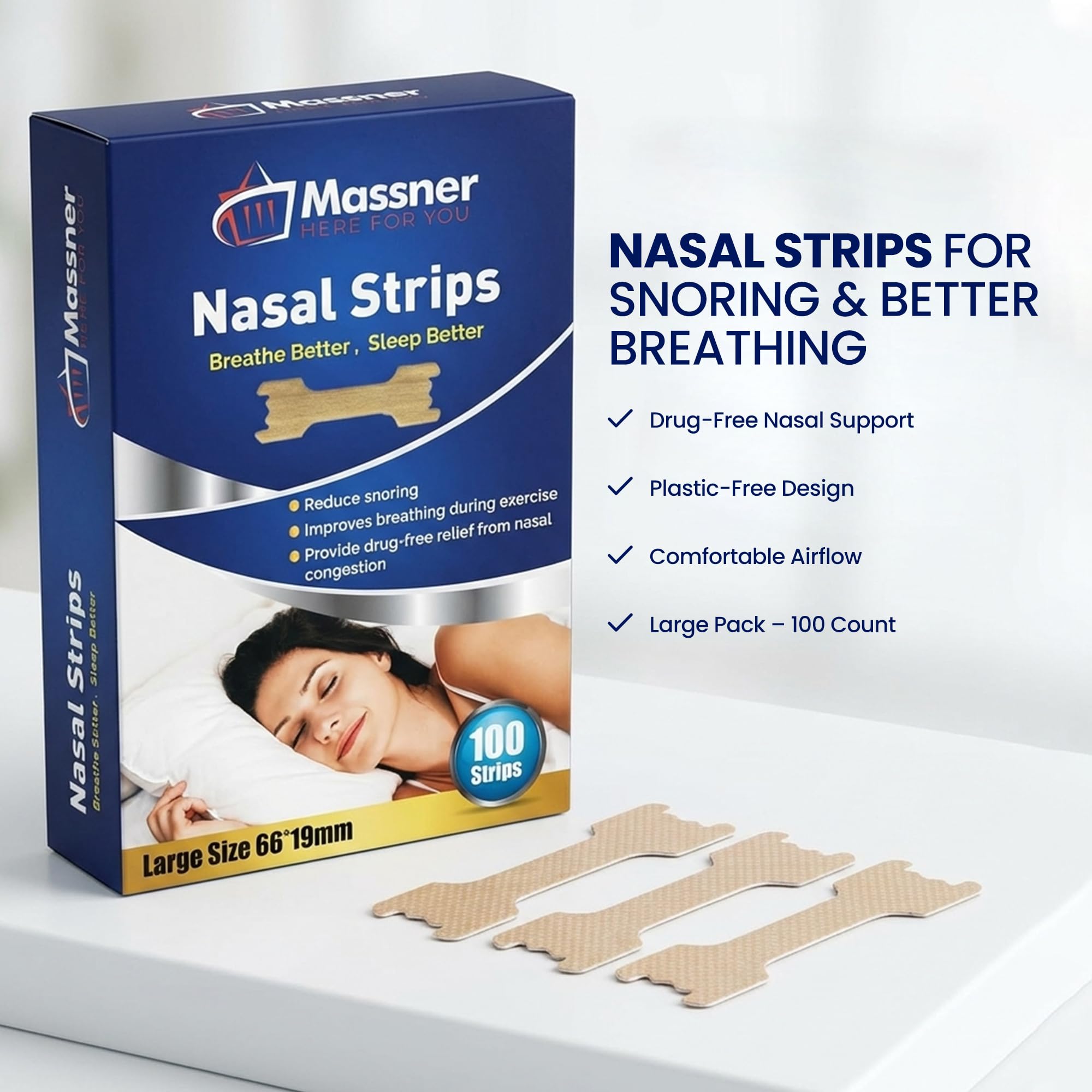 MASSNER Nose Strips for Breathing, Large Breath Strips for Sleeping, Snoring Support, Stuffy Nose and Congestion Relief - Better Night Airflow, 100 Nasal Strip — Amazon image 7