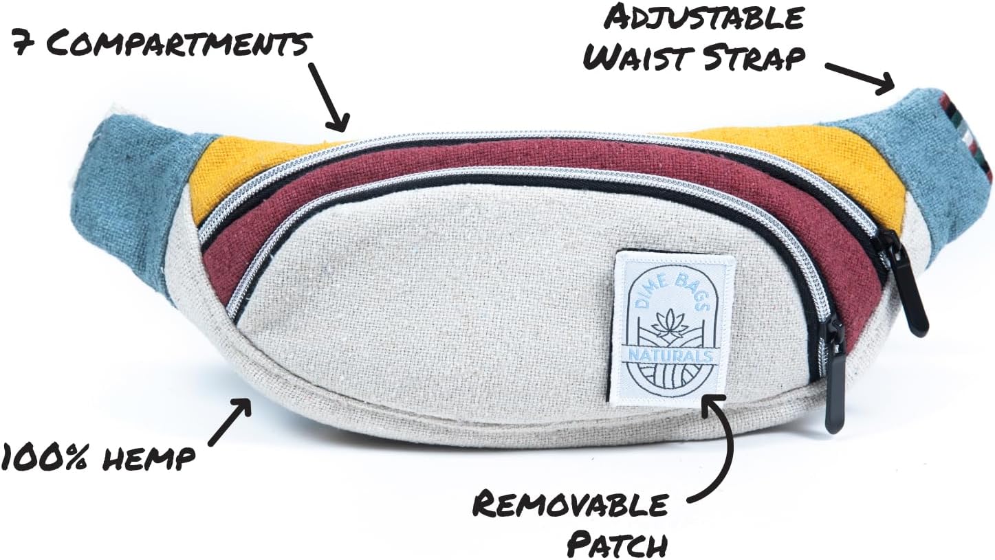 Dime Bags Fanny Pack Made with 100% Nepali Hemp, Unisex Waist Bag with 5 Pockets for Storage, Adjustable Strap, Lightweight Belt Bag for Travel, Hiking, & Daily Use, Naturals Maverick (Boho Cream)