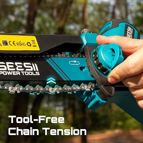 Miniatura 6 de SEESII - Mini motosierra de 8 pulgadas sin cable, motor sin escobillas mejorado 2025, motosierra eléctrica con 2 baterías de 4000mAh, tensor de