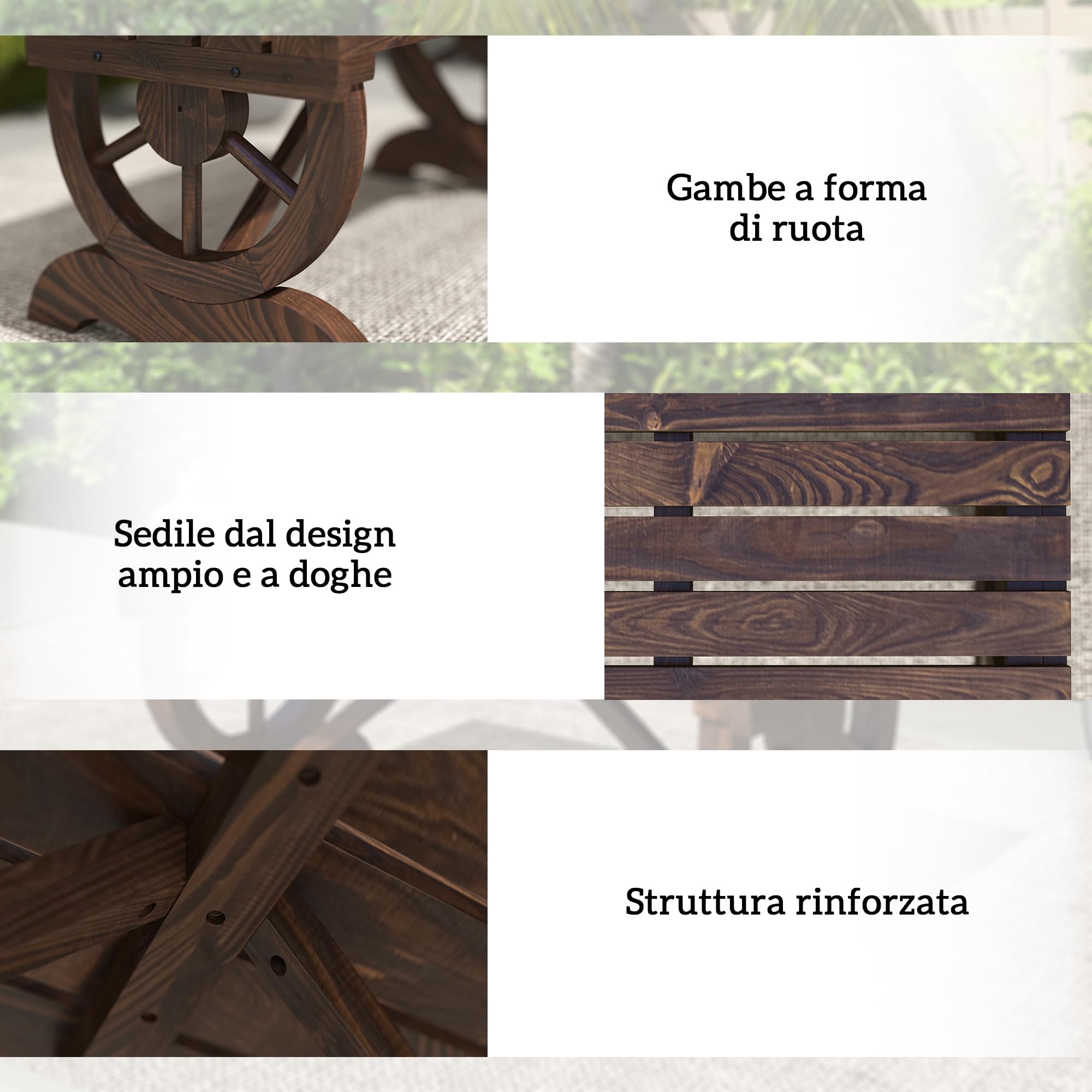 Outsunny Panchina da Giardino da 2 Posti con Design a Ruota, Panchina da Esterno a Doghe in Legno di Abete, Panca per Terrazza Patio e Cortile, 98x50x39.5 cm, Marrone