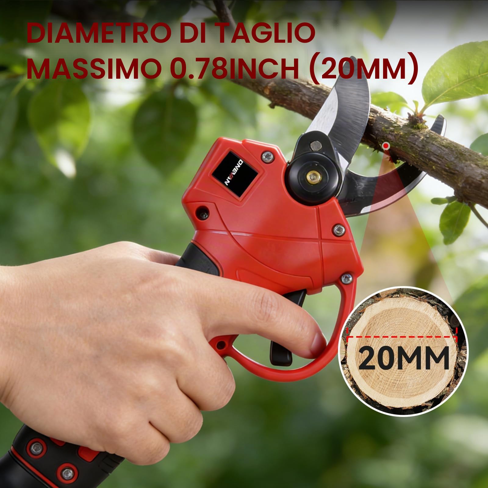 ONEVAN Cesoie a batteria, Cesoie elettriche per alberi diametro di taglio 25mm, Brushless, Senza fili e Leggere, incl. 2x1,5Ah batterie, Lame SK5, cesoie da giardino senza fili per giardino, albero