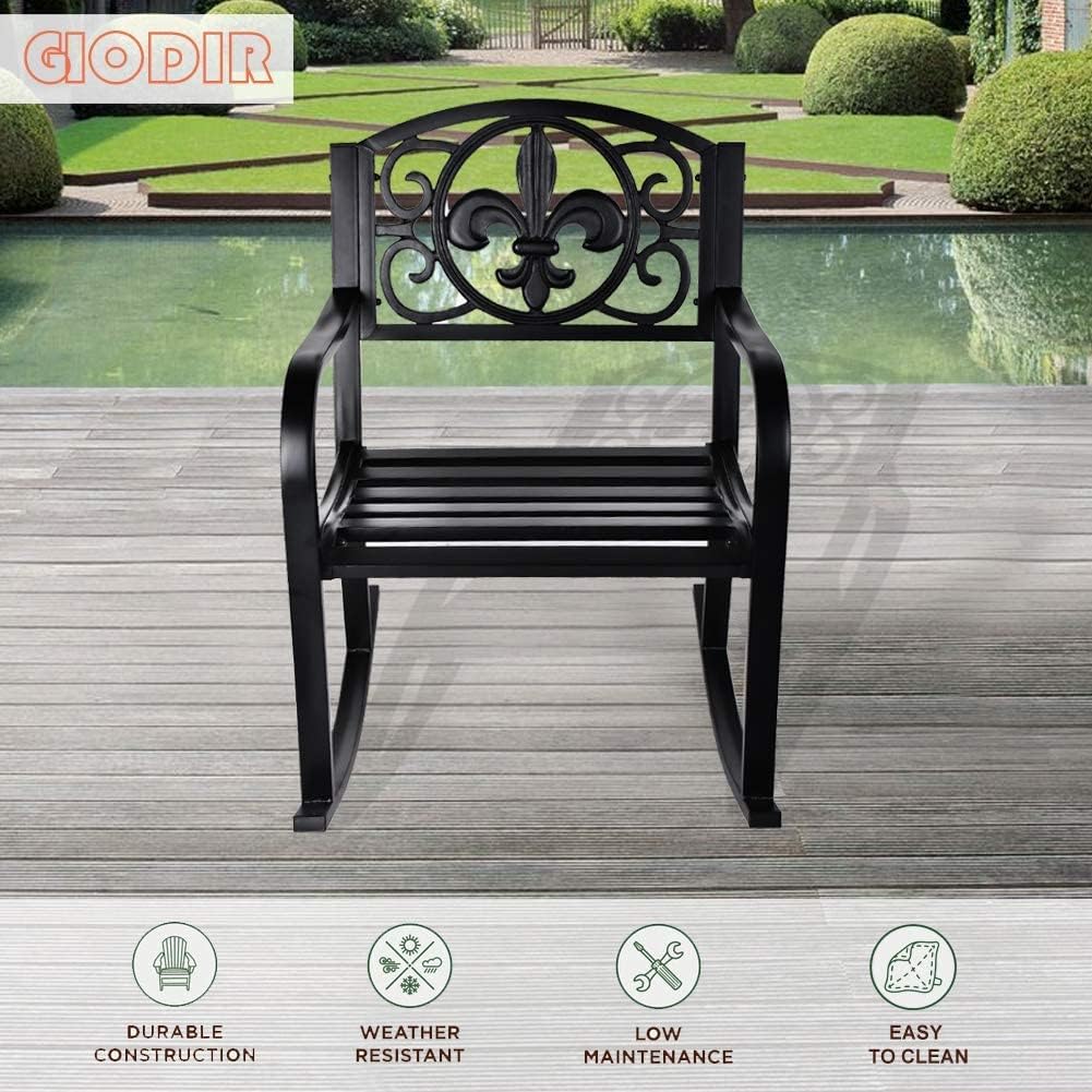 Outdoor Patio Rocking Chair, Metal Rocking seat for for Deck, Backyard or Garden w/Scroll Design (Black)