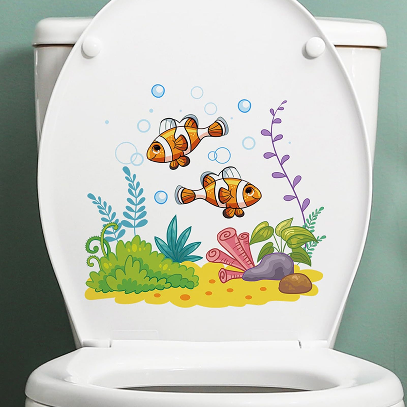 Fairnull Toilet Stickers Cartoon Toilet Lid Stickers Toilet Sticker Cartoon Sea Fish Seaweed Pattern Toilet Decal Waterproof Wall Sticker for Home Bathroom Ocean Breeze