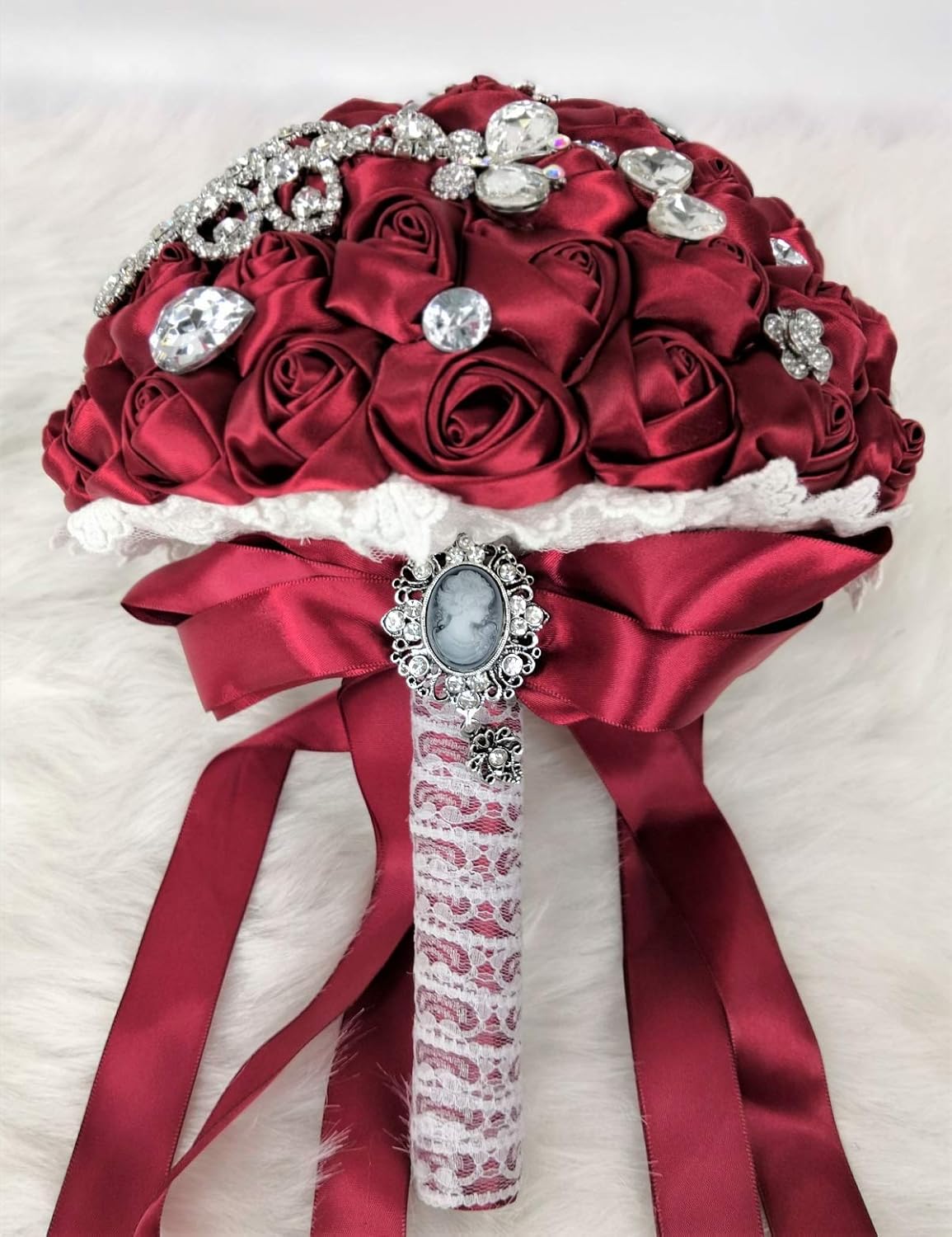 Abbie Home Sparkle Rhinestone Brooch Bouquet - Satin Rose Bridal Bouquet Quinceanera Wedding Flower with Crystal Jewelry Ribbon Décor (Burgundy)