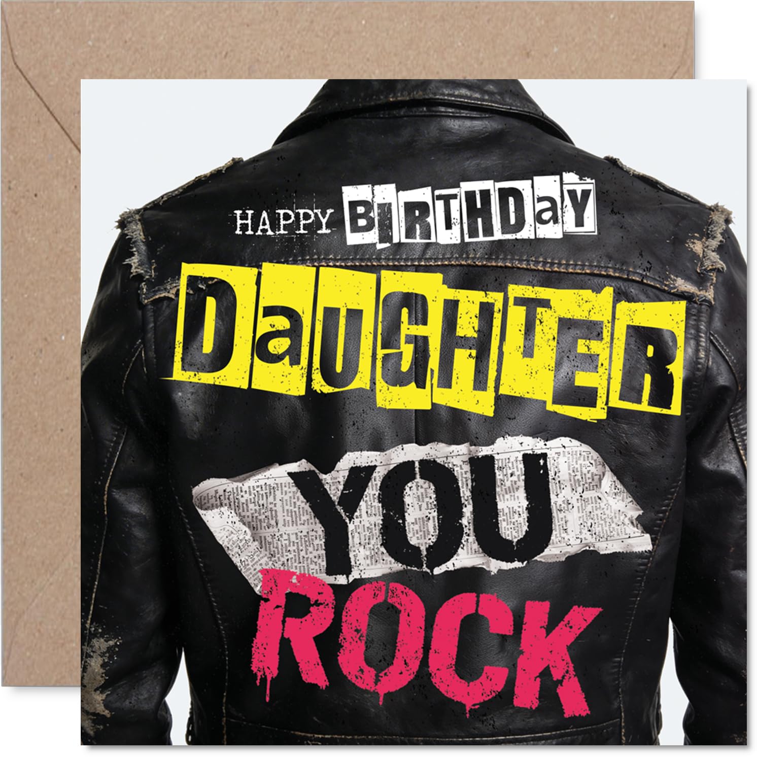 Playful Birthday Card for Daughter - Edgy Rockstar Vibes - Leather Jacket Motif with Bold Colours - Celebrates Her Rebellious Spirit - 145mm Square, Envelope Included