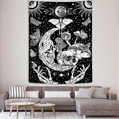 Boziqr Tapiz con diseño de calavera y luna, hongos, mariposa, mal de ojo, estrellas, blanco y negro, para dormitorio, sala de estar, dormitorio, 30