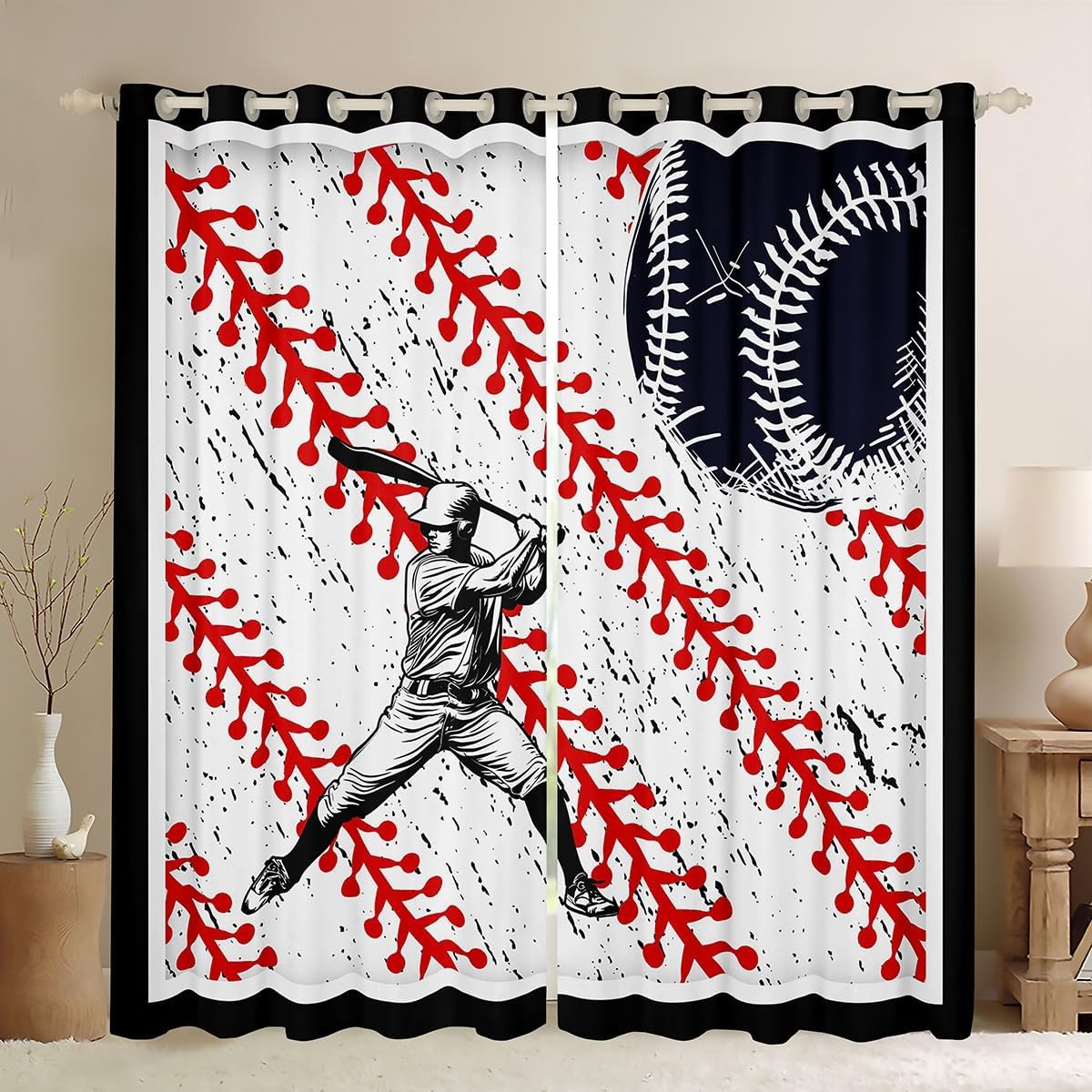 Castle Fairy Baseball Window Curtains,Player Ball Sports Outdoor Games Window Treatments for Kitchen,Plaid Red Grey Stripes Hand Drawn Polyetser Blackout Window Drapes, 2 Panels, 52Wx84L inch