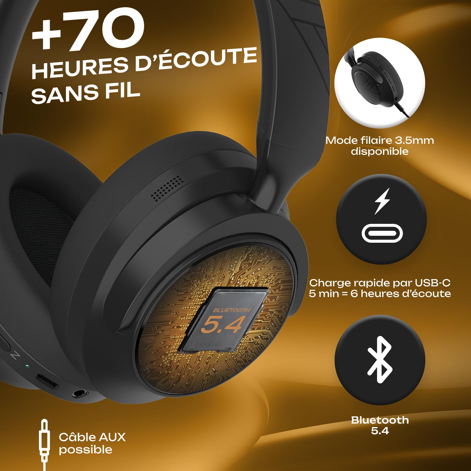 PowerLocus Casque Bluetooth Sans Fil à Réduction de Bruit Hybride, 70H d'Autonomie, Bluetooth 5.4, Basses Profondes, Casque Over-Ear Pliable, Oreillettes Confort et Connexion multipoint pour Voyage/TV