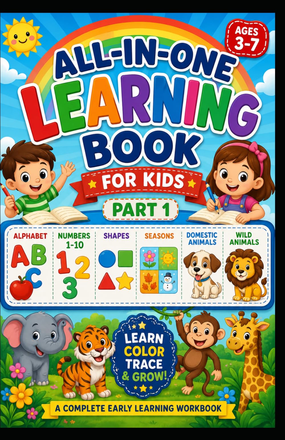 All-in-One Learning Book for Kids – Part 1: Alphabet, Numbers (1–10), Shapes, Seasons, Domestic Animals & Wild Animals – Early Learning Workbook for Preschool & Kindergarten