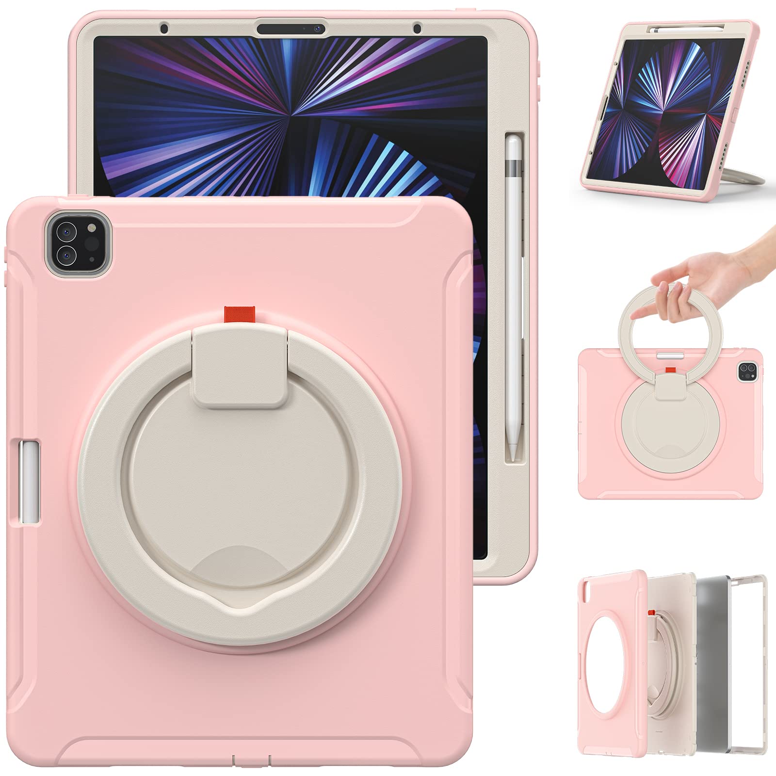 Funda para iPad Pro 12.9 rosa con soporte giratorio 360 y protector de pantalla 8