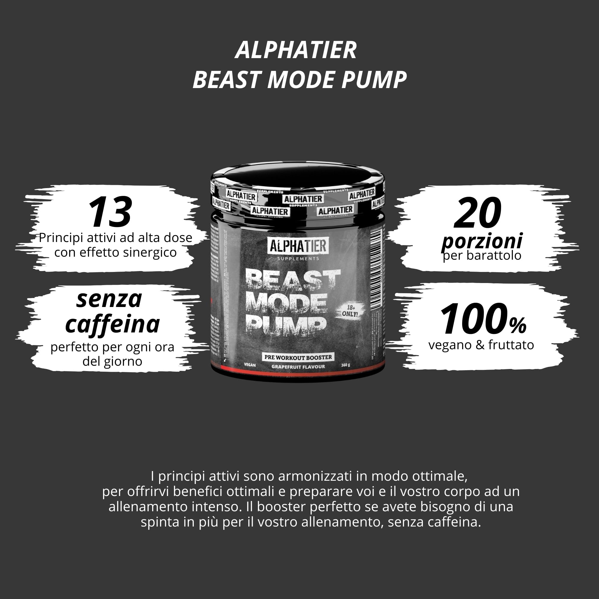 Alphatier Beastmode Pump Booster senza Caffeina + Creatina - senza Grumi - Pre Workout 360 g in Polvere - alto Dosaggio con Beta Alanian, Citrullina, Arginina