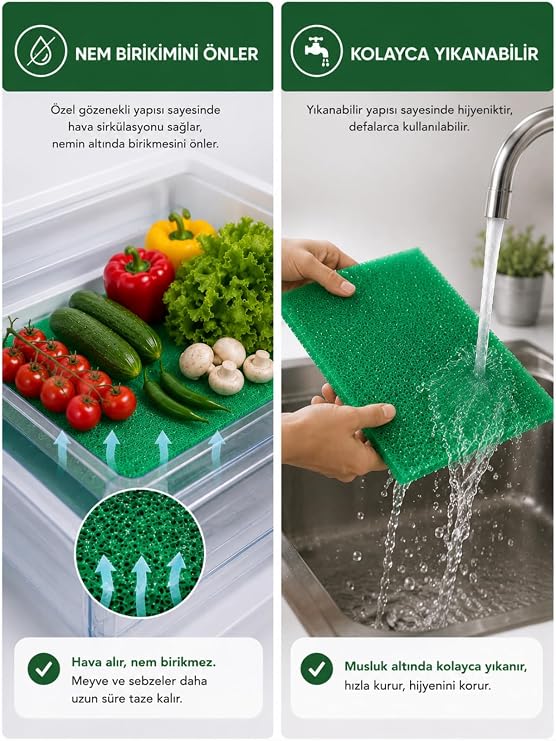 Beylini Buzdolabı Sebze Meyve Matı Rutubet Nem Küf Önleyici Meyve Sebze Saklama Taze Tutma Matı Kesilebilir Yeşil 47x30 CM