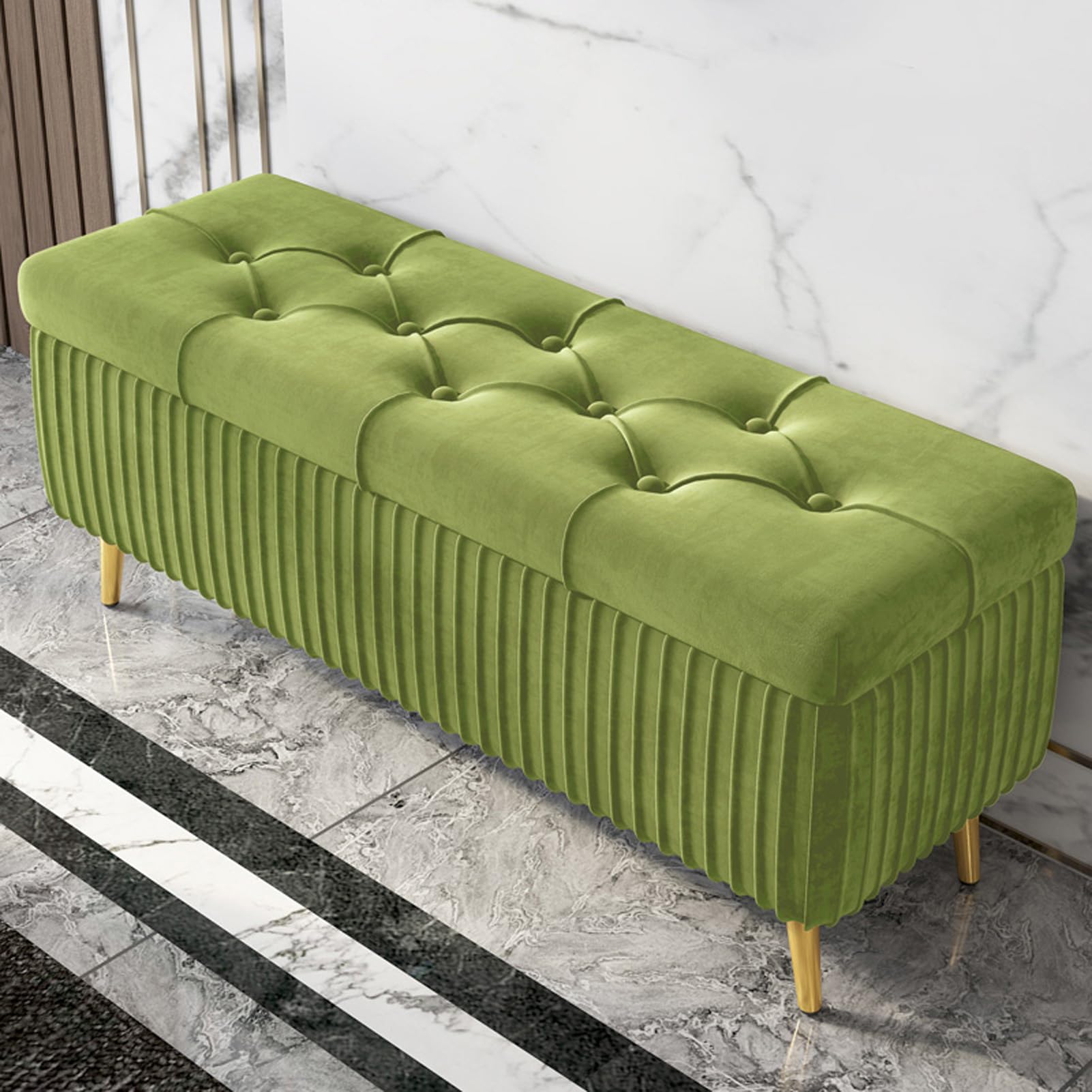 Tabouret de chevet en velours avec coffre de rangement vert chic