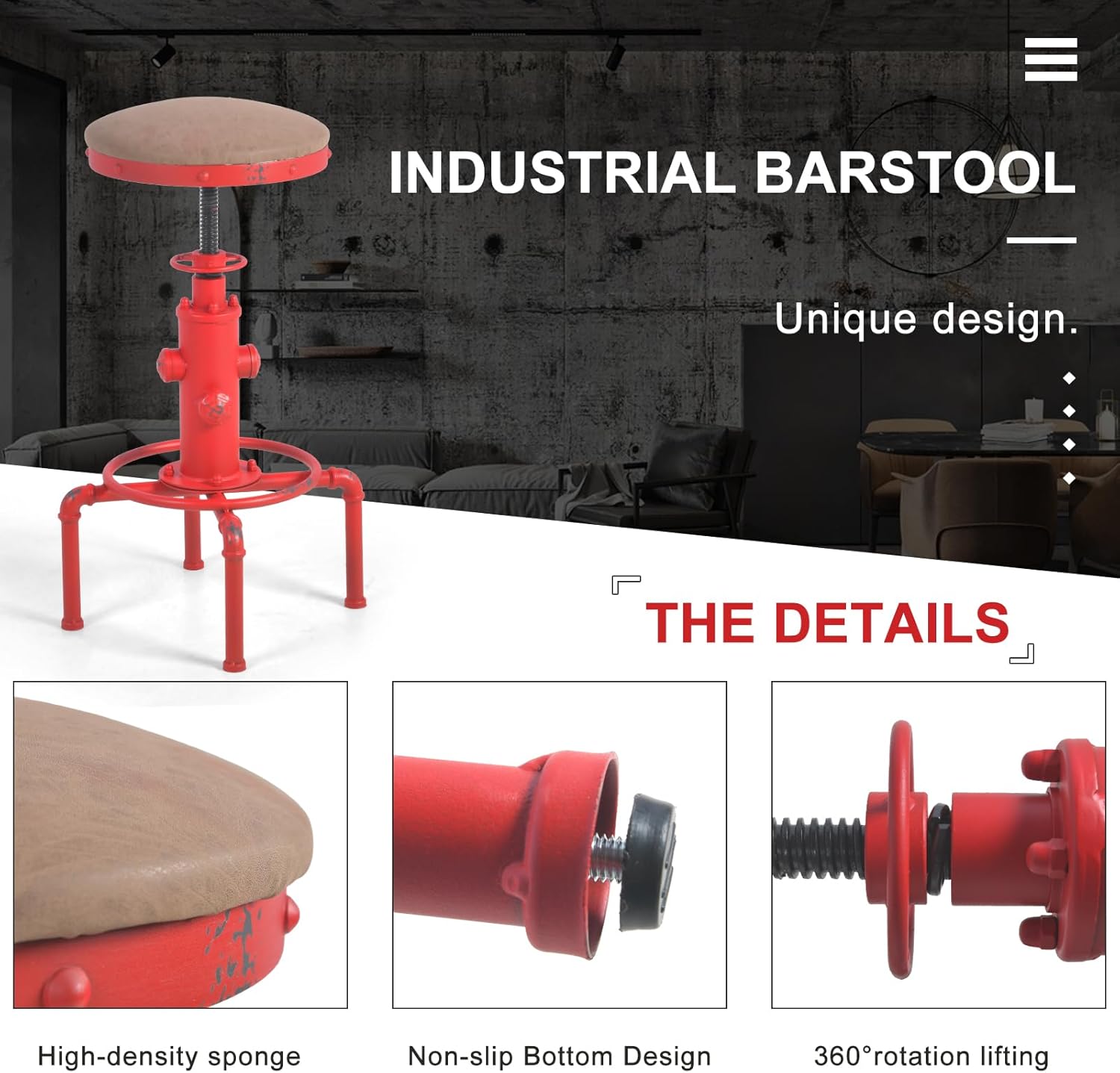 Topower 5 Piece Pub bar Set Industrial bar Table and PU Leather Seat Stools for 4, Height Adjustable Pub Table and stools Match bar Height and Counter Stool Antique Red(1 Table + 4 Chairs)