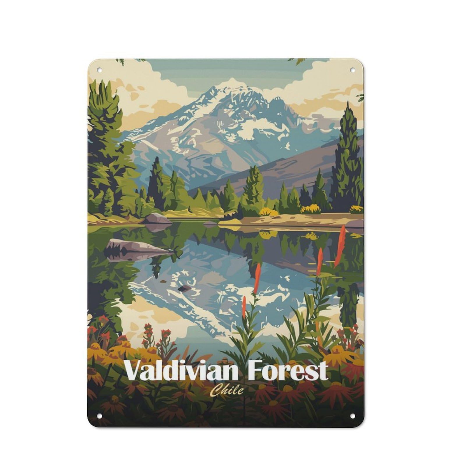 Junmoney Style-2 Rustic Metal Sign 40X30cm Featuring Valdivian Forest Chile Landscape Illustration For Hallway Wall, A Decorative Gift For A Newly Furnished Hallway