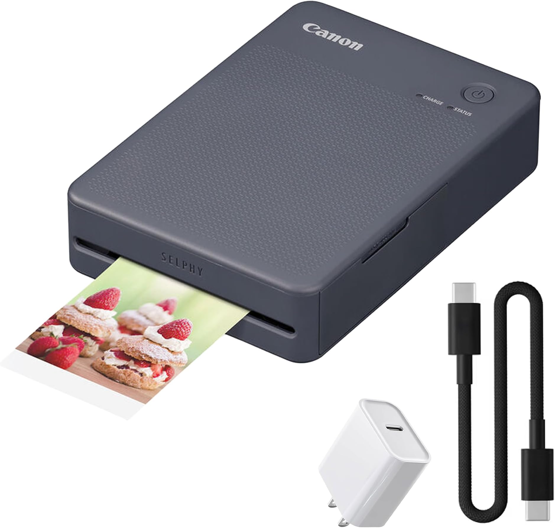 Canon SELPHY QX20 Compact Photo Printer (Dark Gray) Bundle | Portable Printer with Wireless Printing & Borderless Square Prints | for Mobile Printing & Projects (6752C001) + Wall Plug + Cleaning Kit