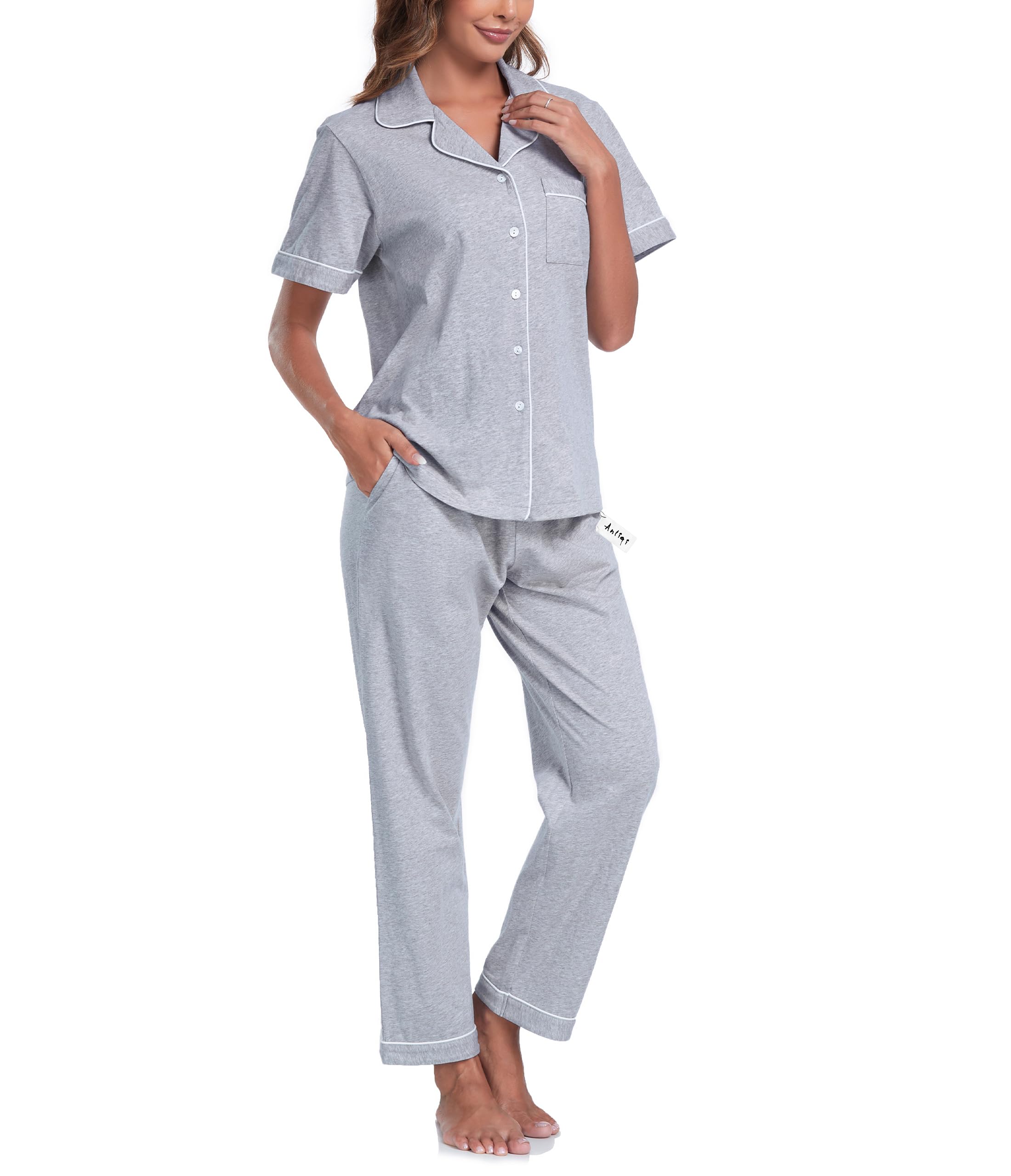 ANLIQI 100% Cotton Pajamas Short Sleeve Set