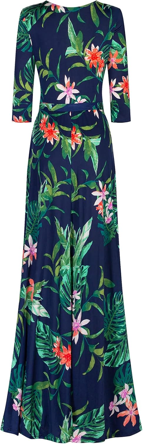 Women's 3/4 Sleeve V-Neck Printed Maxi Faux Wrap Dress 179 Navy Pink S - Image 4